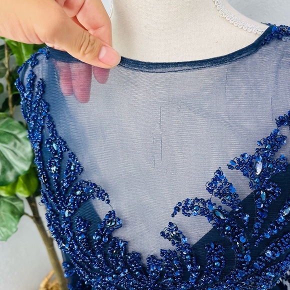 Modessa Couture Blue Embellished Peplum Long Sleeve Prom Homecoming Event Dress - Picture 5 of 16